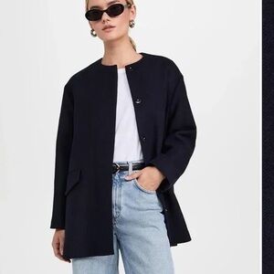 Theory Cape Coat Black Wool Blend XL Oversized Collarless Jacket Minimalist $895